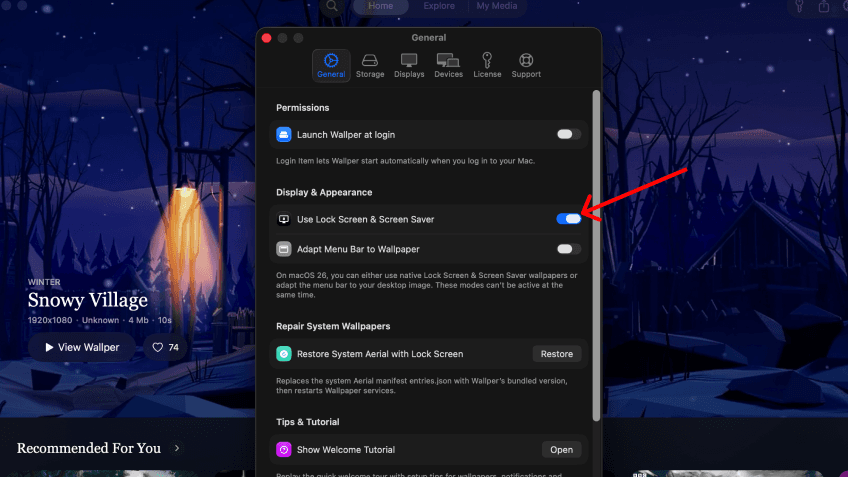 Enable Lock Screen & Screensaver in Wallper settings
