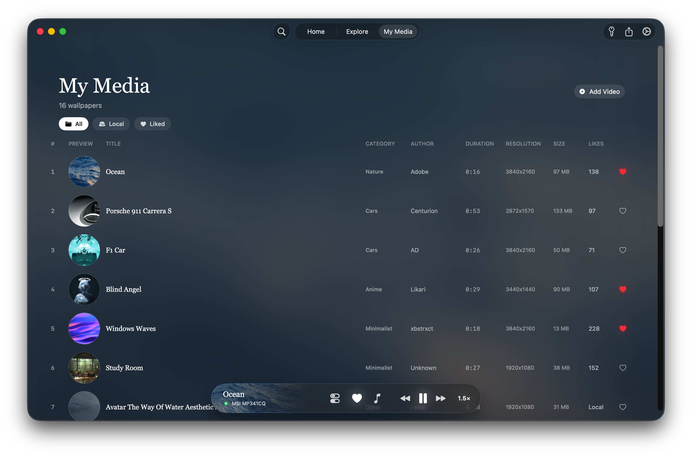 The My Media panel, holding video files imported from a local drive