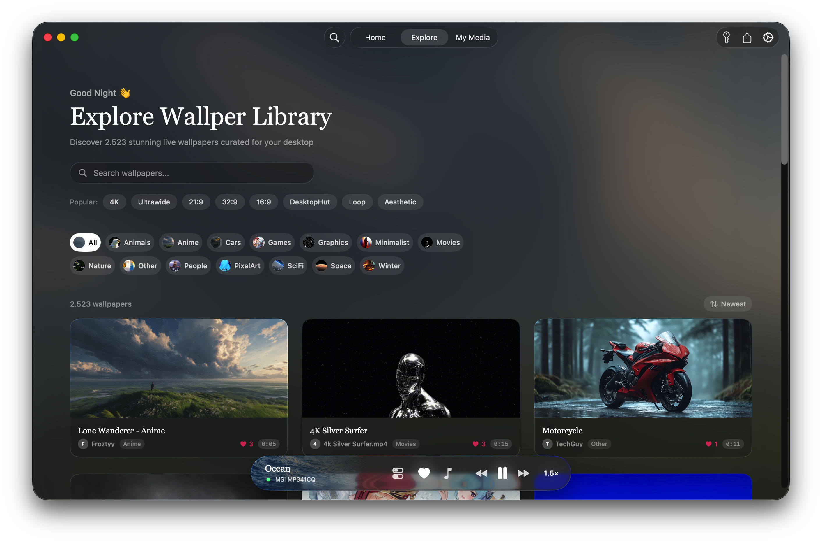 The Wallper library, every wallpaper in the grid playing at once